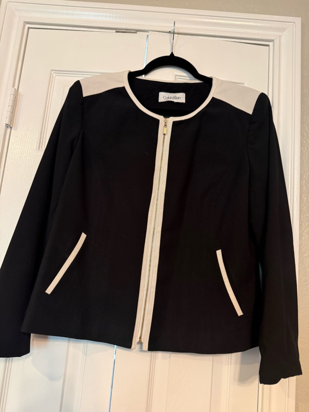 Calvin Klein Black Jacket with Cream Trim Zip Front (skirt available separately)